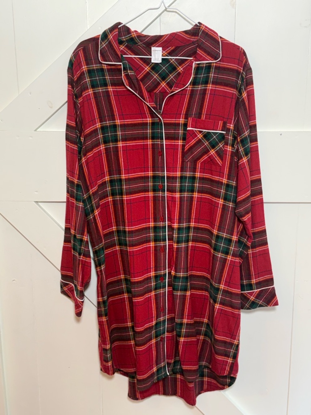 Liz Claiborne Red Plaid Flannel Pajama Gown Large Long Sleeve Button Front